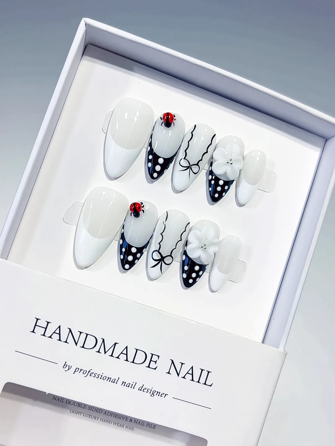 Medium White Black Almond French tip Flower Ladybug