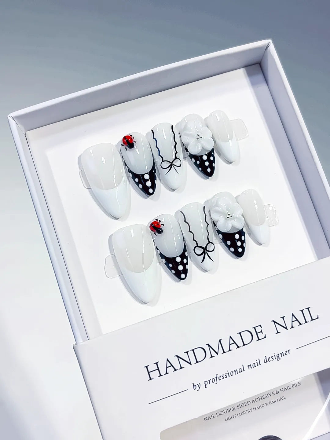 Medium White Black Almond French tip Flower Ladybug
