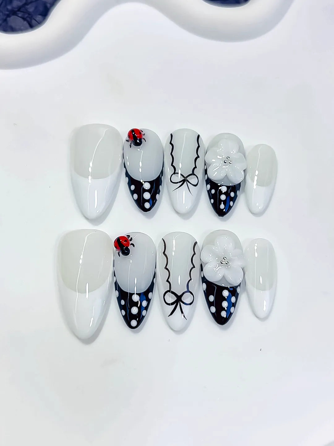 Medium White Black Almond French tip Flower Ladybug