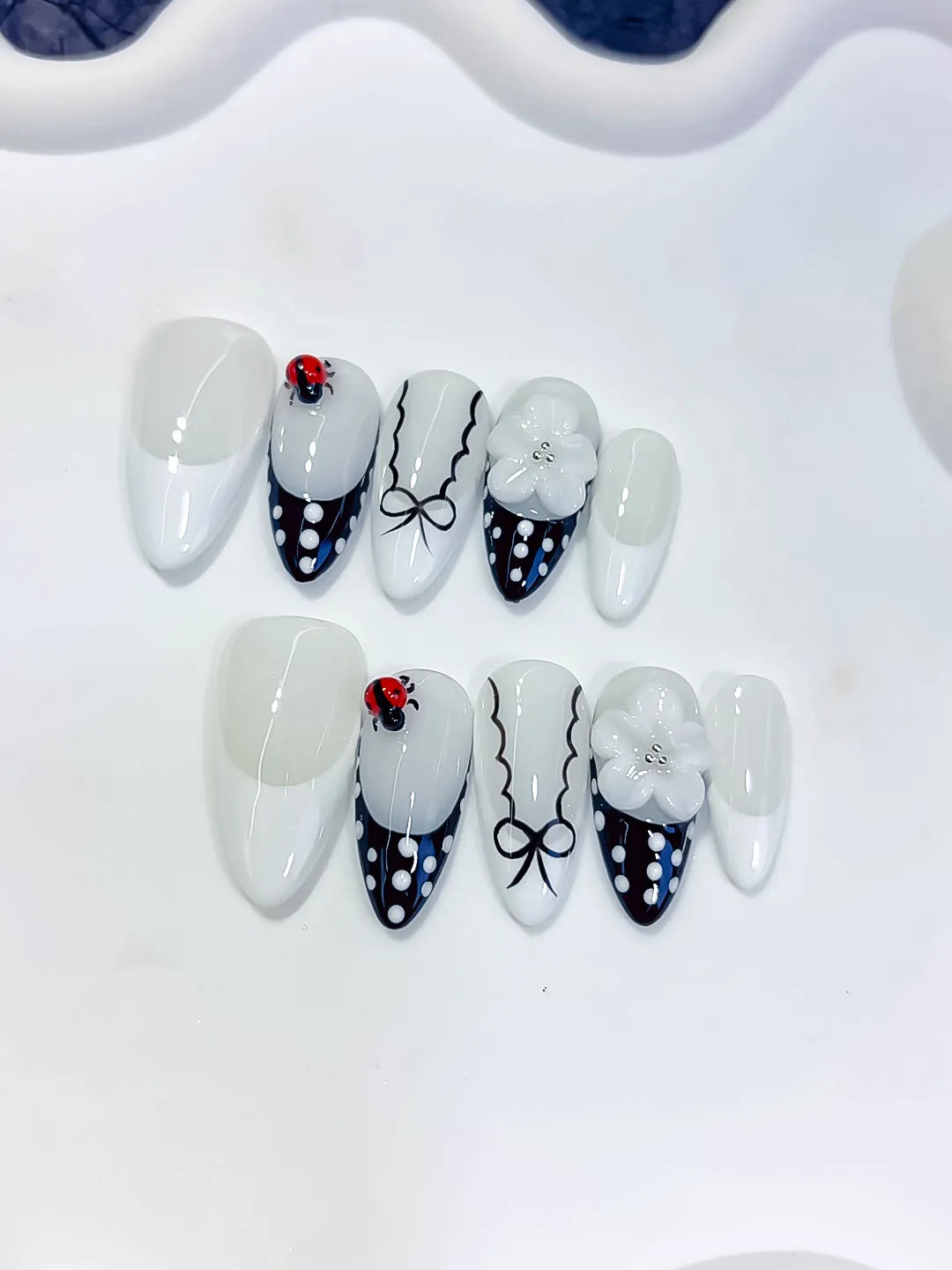 Medium White Black Almond French tip Flower Ladybug