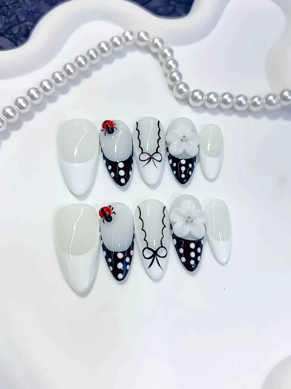 Medium White Black Almond French tip Flower Ladybug