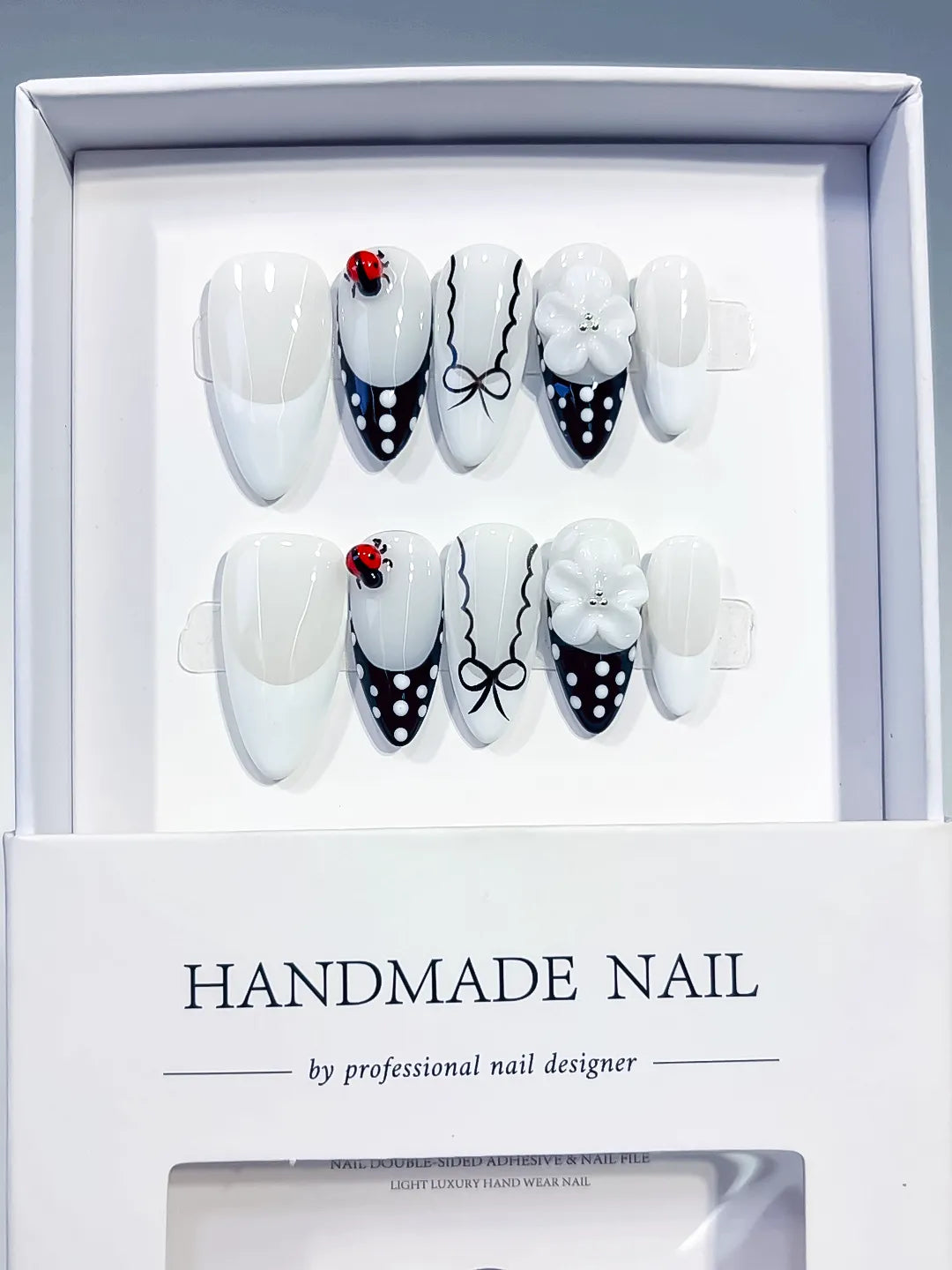 Medium White Black Almond French tip Flower Ladybug