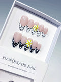 Medium Nude White Almond French tip Flower Dot Pattern