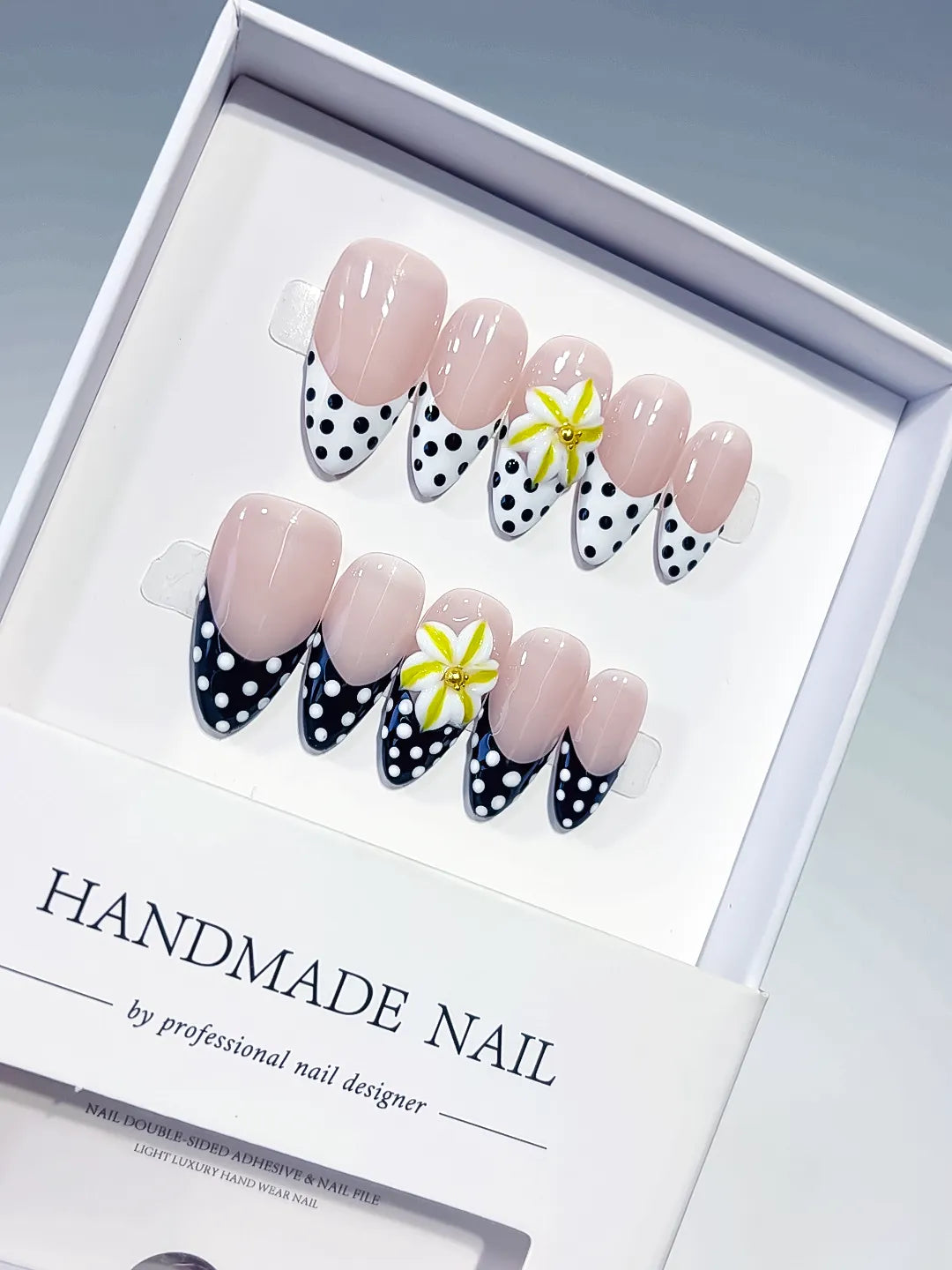 Medium Nude White Almond French tip Flower Dot Pattern
