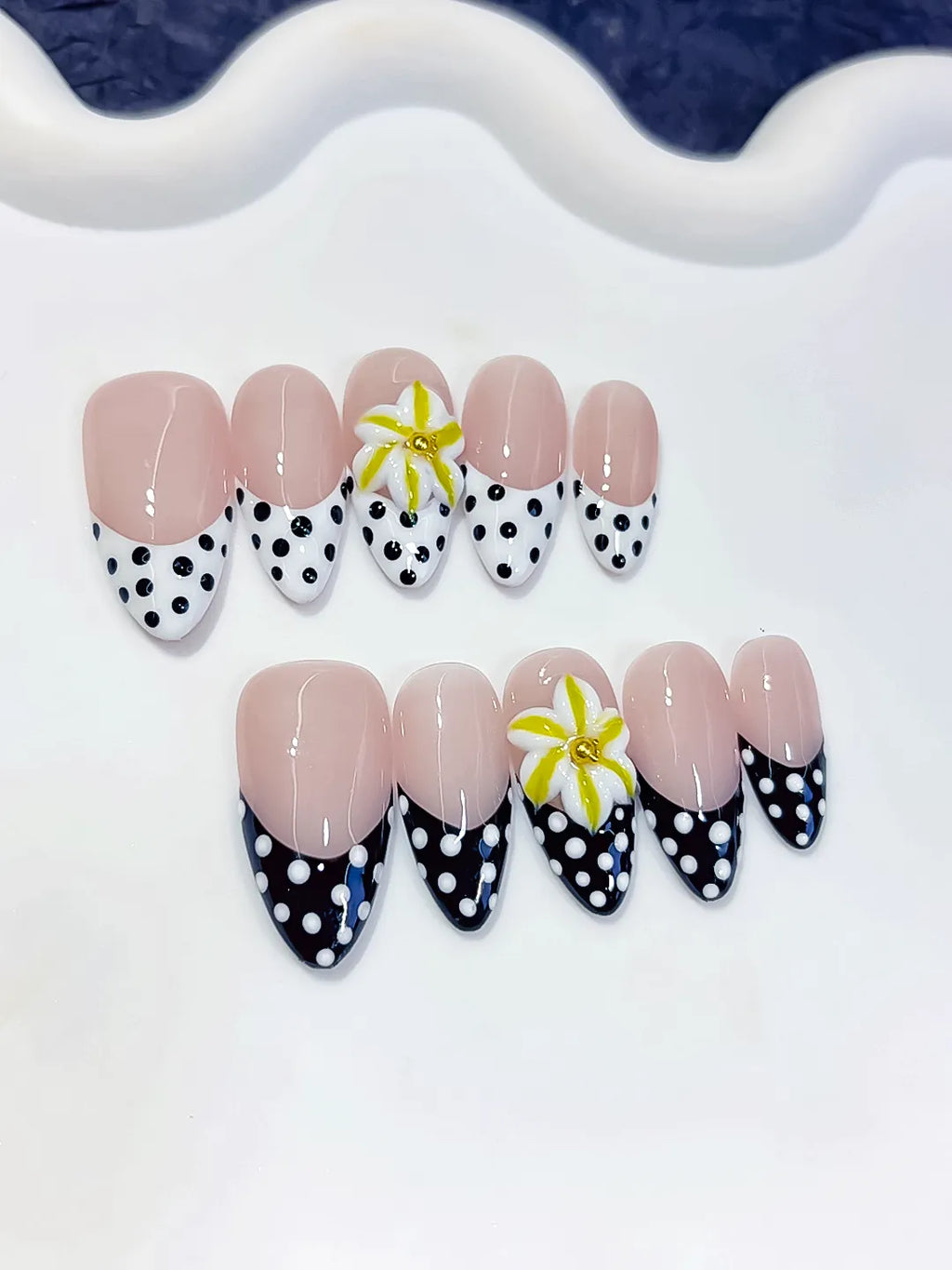 Medium Nude White Almond French tip Flower Dot Pattern