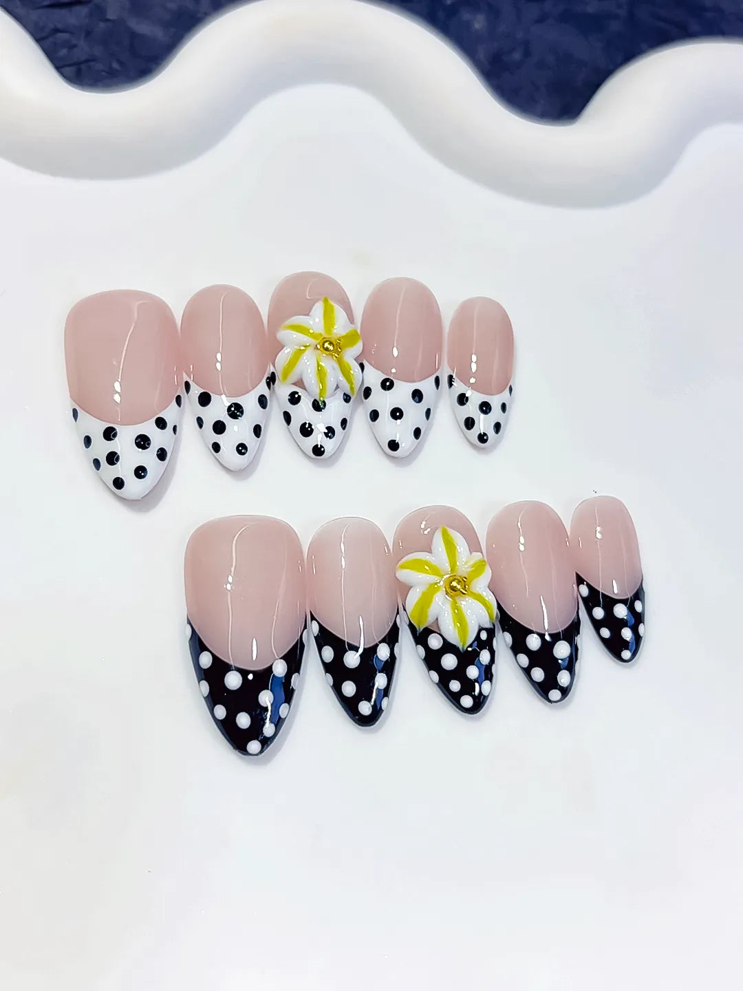Medium Nude White Almond French tip Flower Dot Pattern