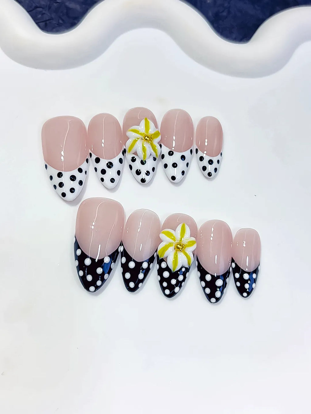 Medium Nude White Almond French tip Flower Dot Pattern