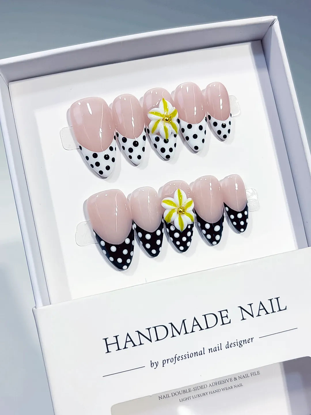 Medium Nude White Almond French tip Flower Dot Pattern
