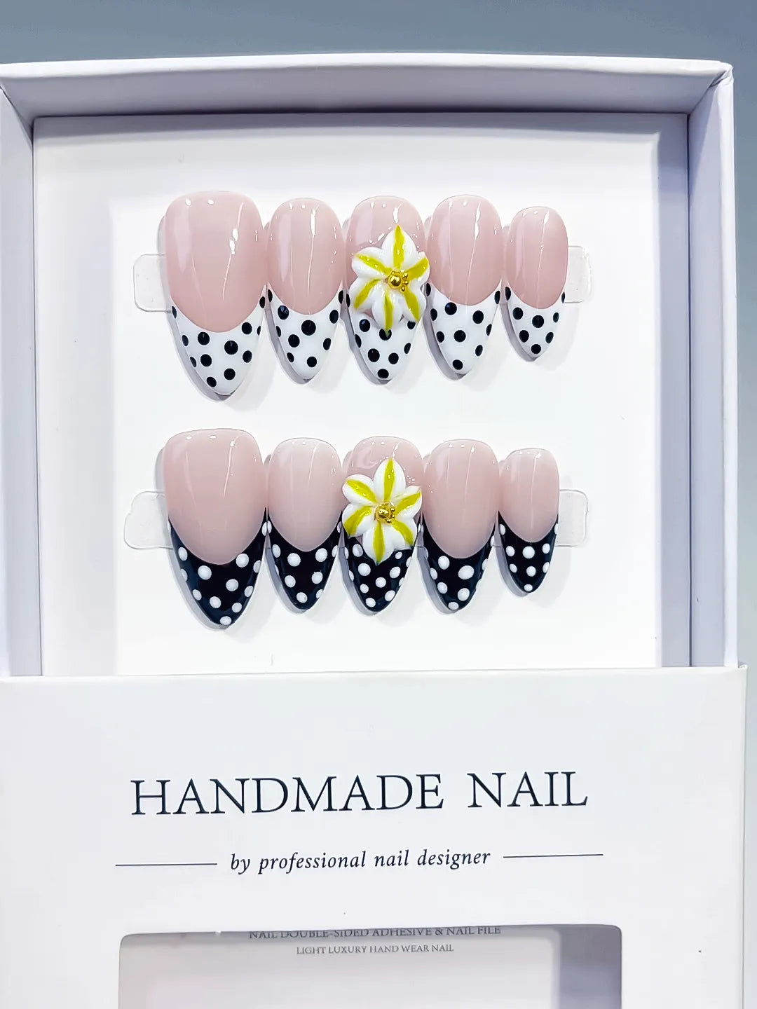 Medium Nude White Almond French tip Flower Dot Pattern