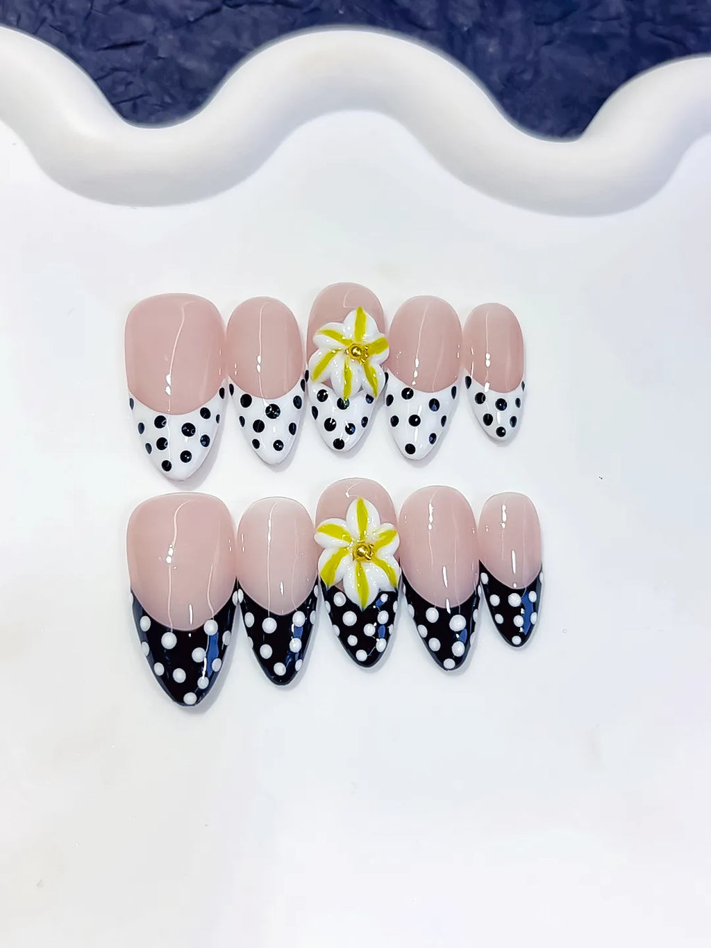 Medium Nude White Almond French tip Flower Dot Pattern