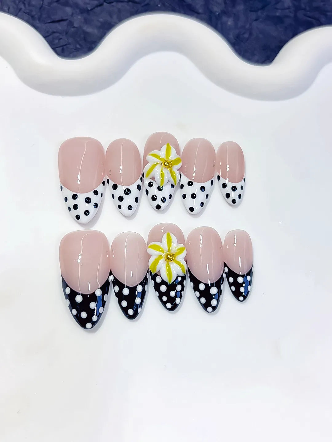 Medium Nude White Almond French tip Flower Dot Pattern