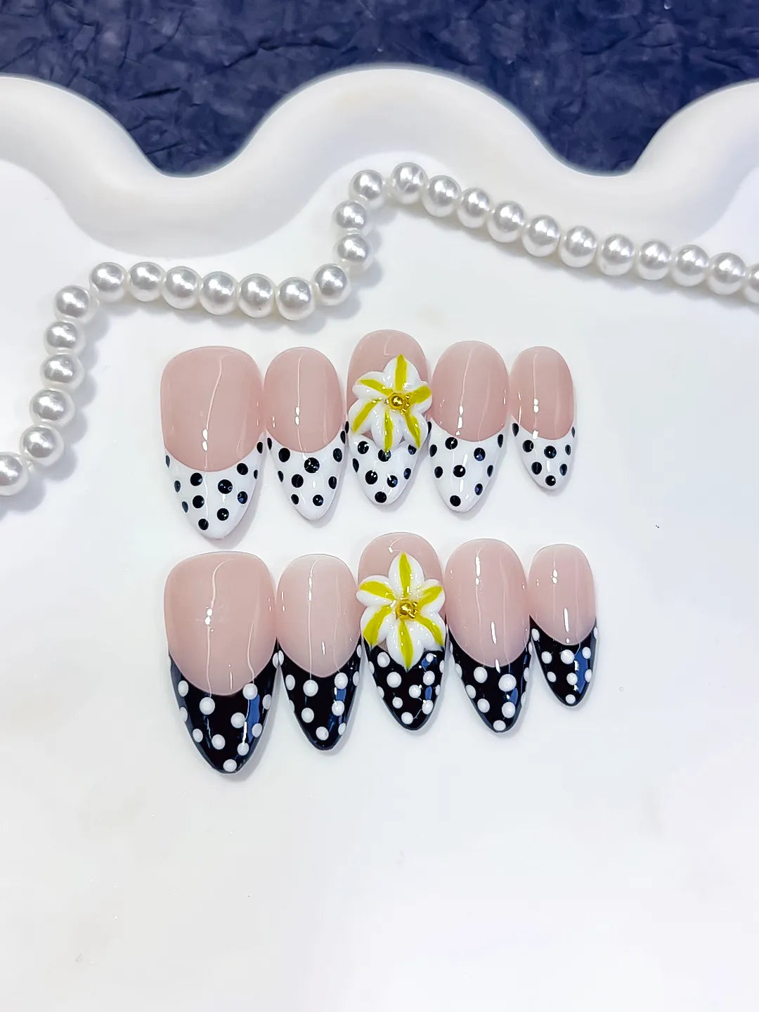Medium Nude White Almond French tip Flower Dot Pattern