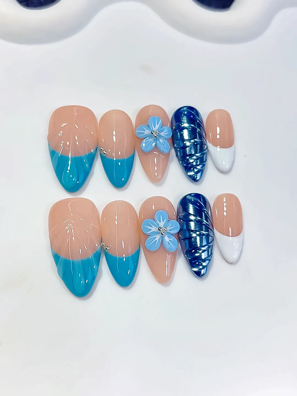 Medium Nude Blue Almond French tip Flower Cat Eye