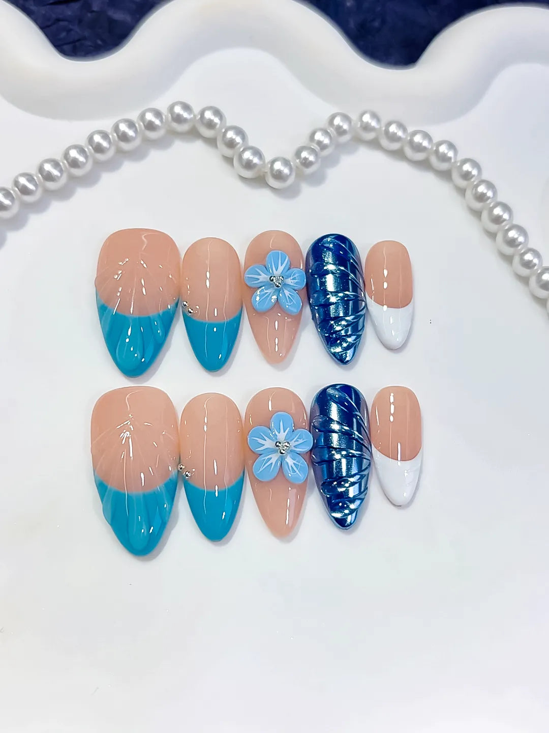 Medium Nude Blue Almond French tip Flower Cat Eye
