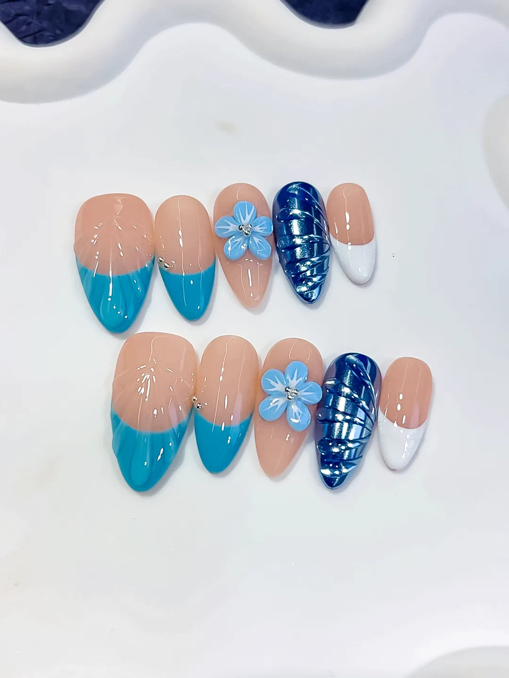 Medium Nude Blue Almond French tip Flower Cat Eye