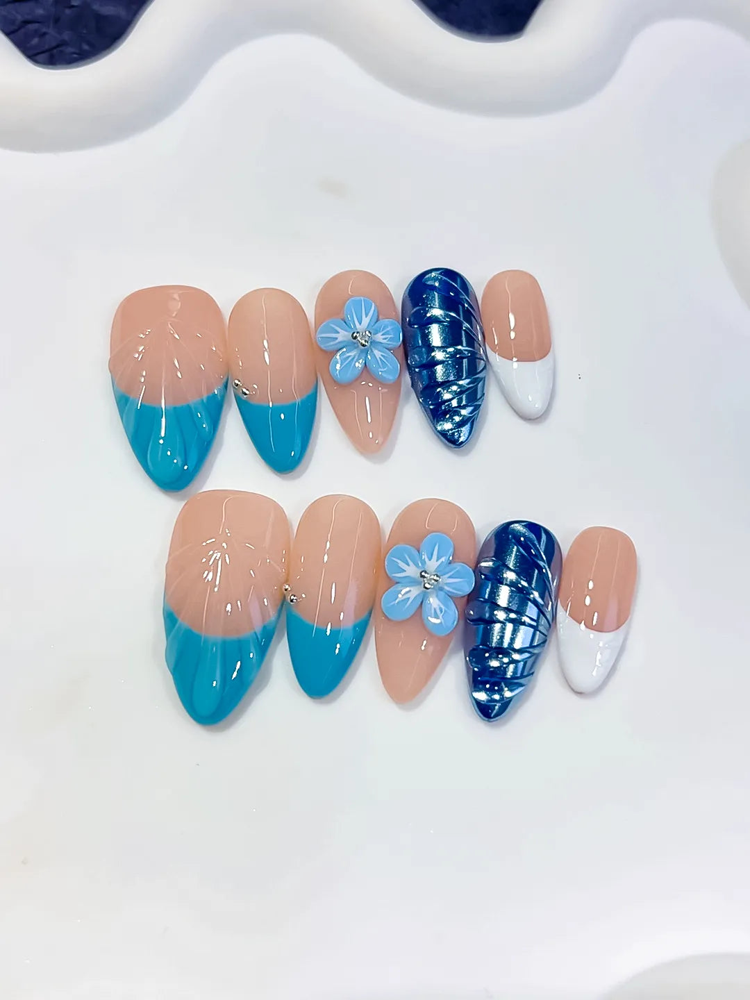 Medium Nude Blue Almond French tip Flower Cat Eye
