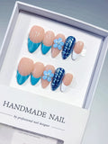Medium Nude Blue Almond French tip Flower Cat Eye