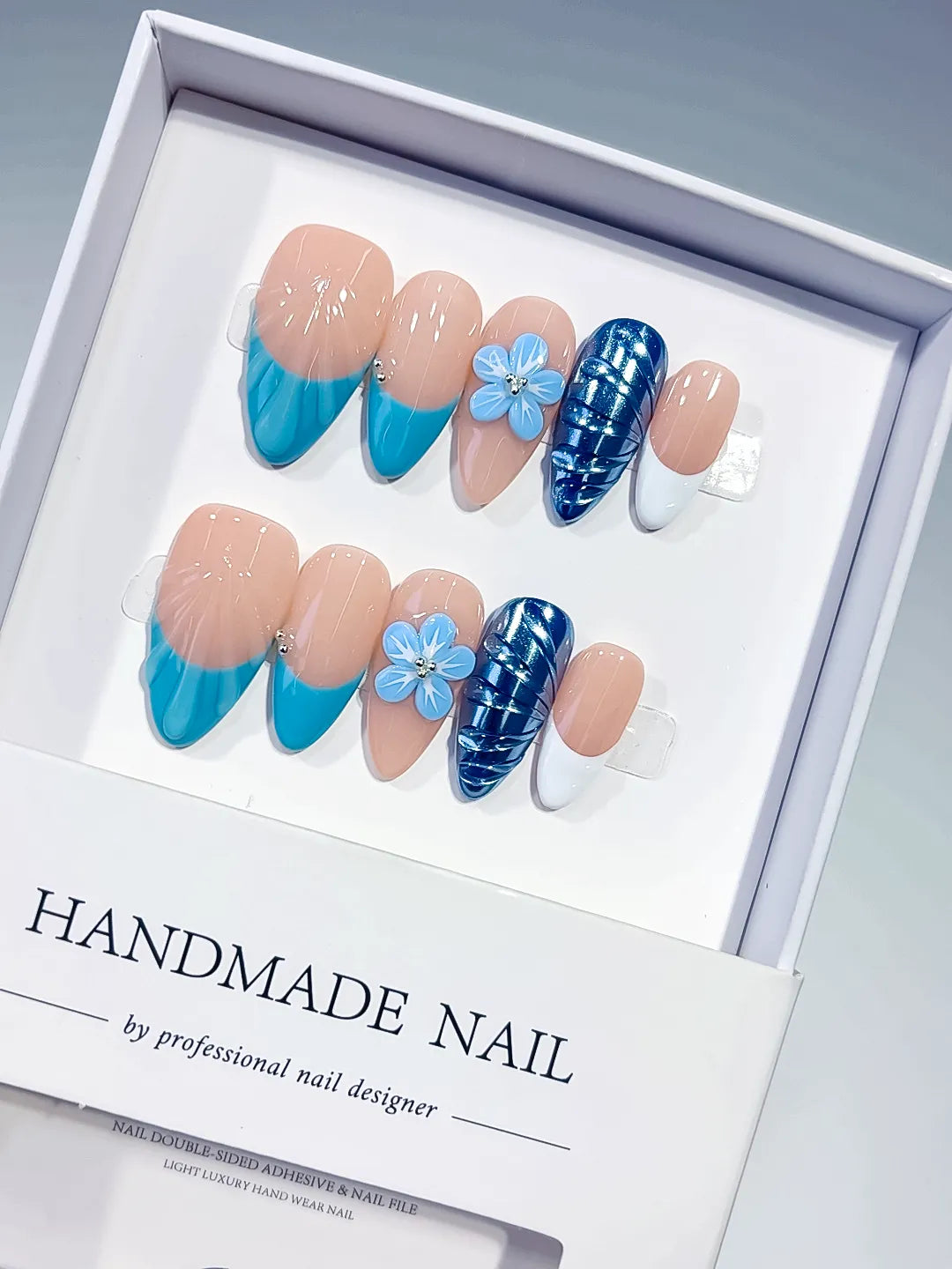 Medium Nude Blue Almond French tip Flower Cat Eye