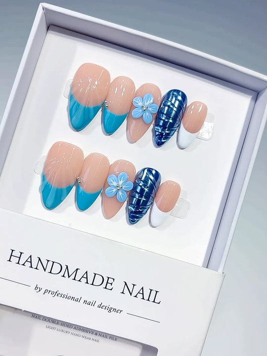 Medium Nude Blue Almond French tip Flower Cat Eye