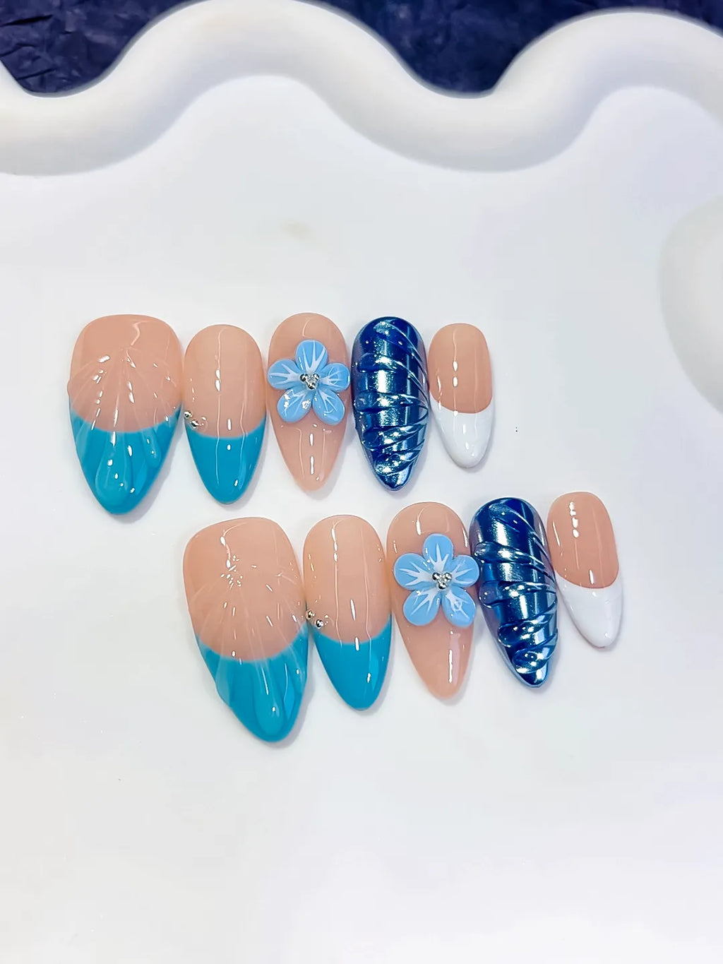 Medium Nude Blue Almond French tip Flower Cat Eye