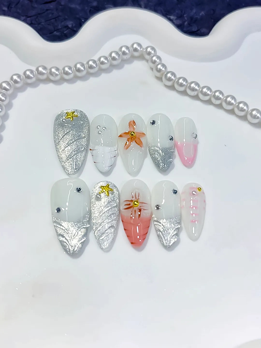 Medium White Silver Almond Glitter Flower Star