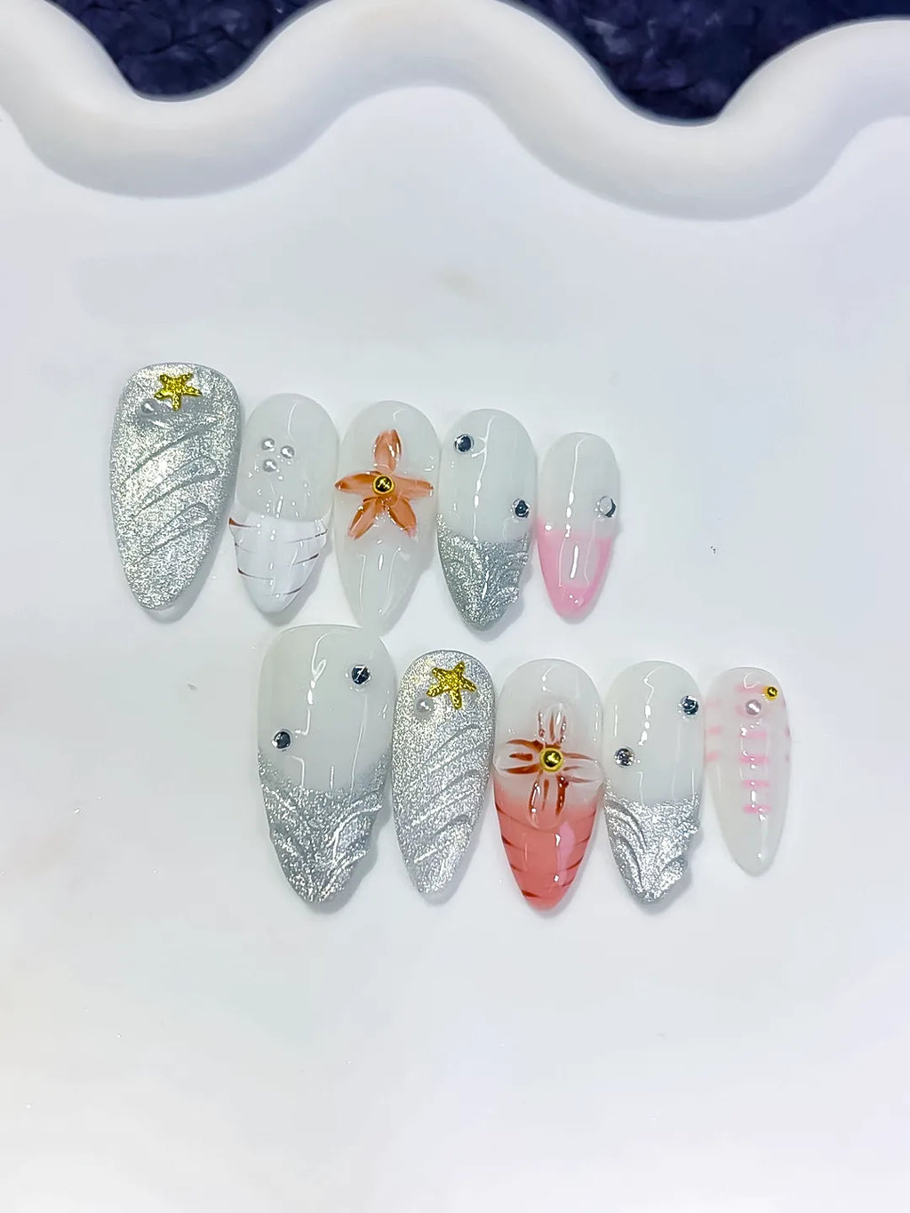 Medium White Silver Almond Glitter Flower Star