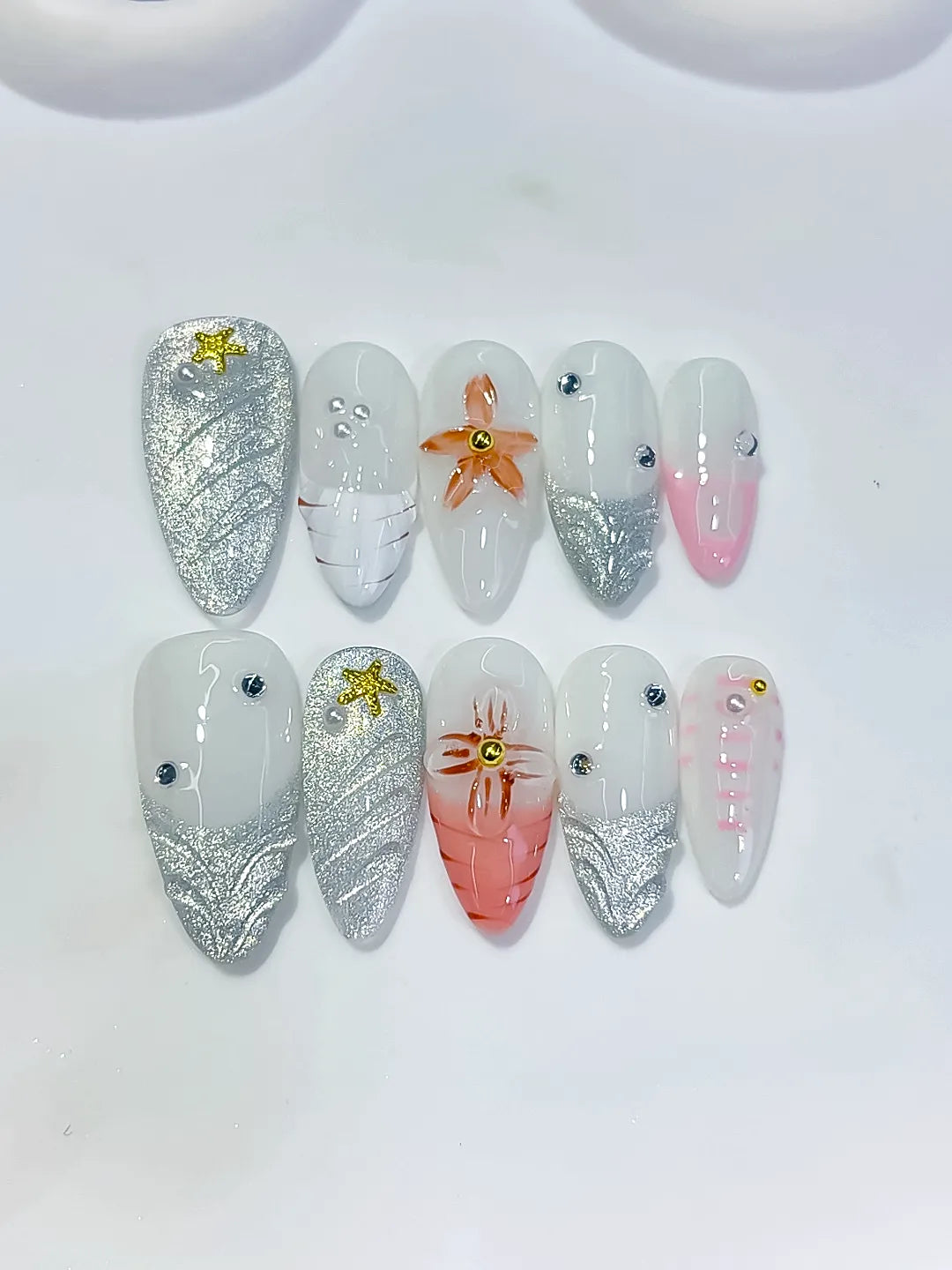 Medium White Silver Almond Glitter Flower Star