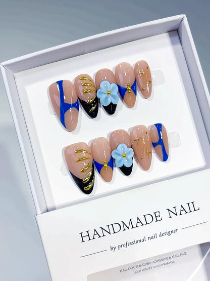 Medium Nude Blue Almond Abstract Flower Metallic Charm