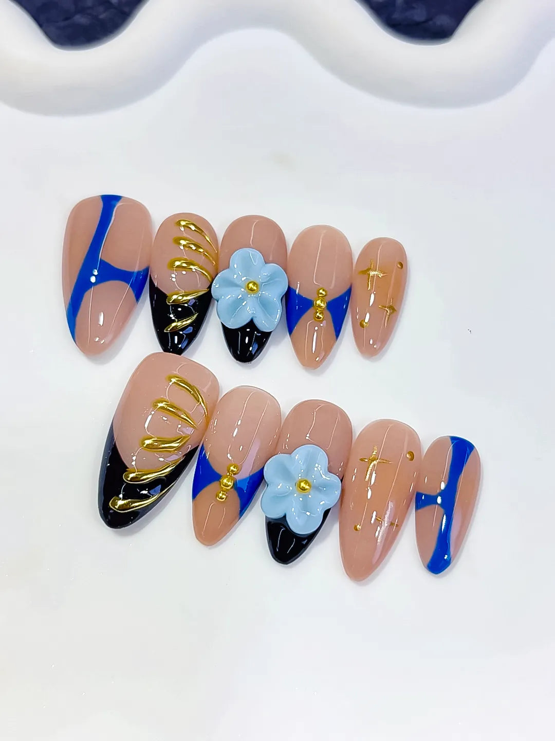 Medium Nude Blue Almond Abstract Flower Metallic Charm