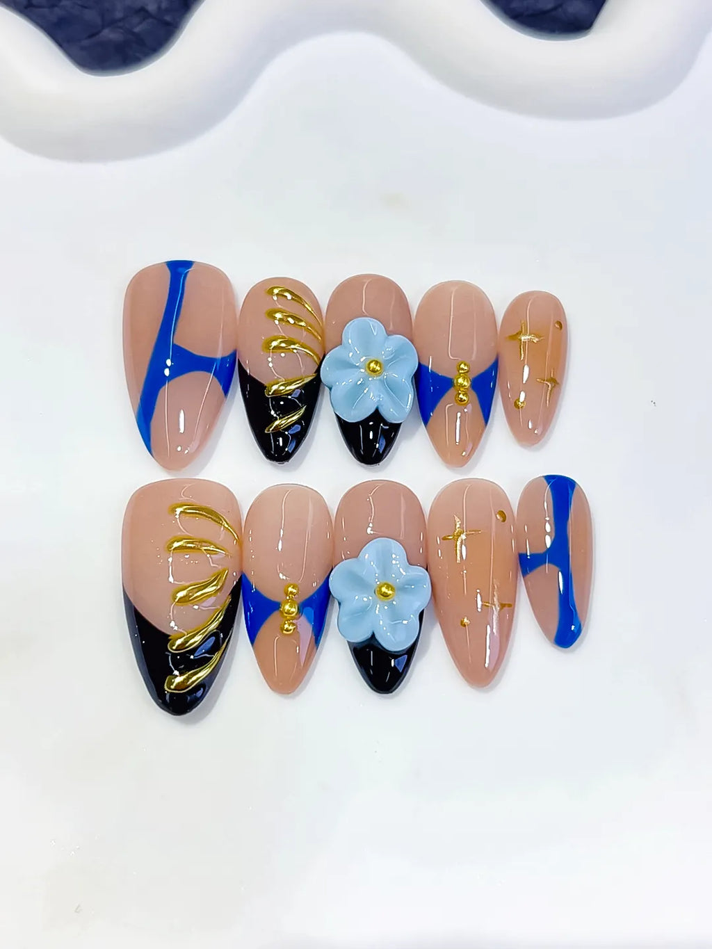 Medium Nude Blue Almond Abstract Flower Metallic Charm