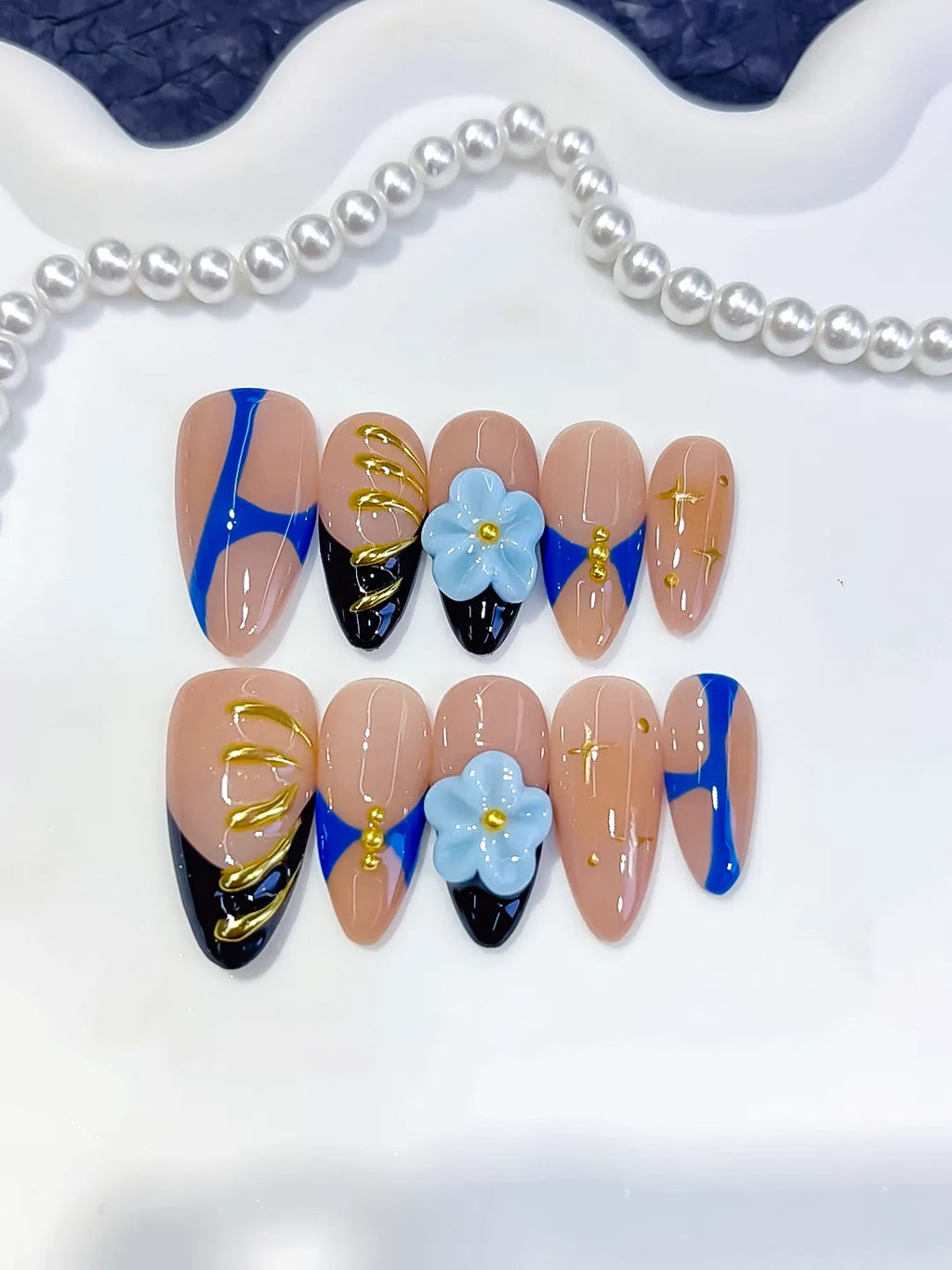 Medium Nude Blue Almond Abstract Flower Metallic Charm
