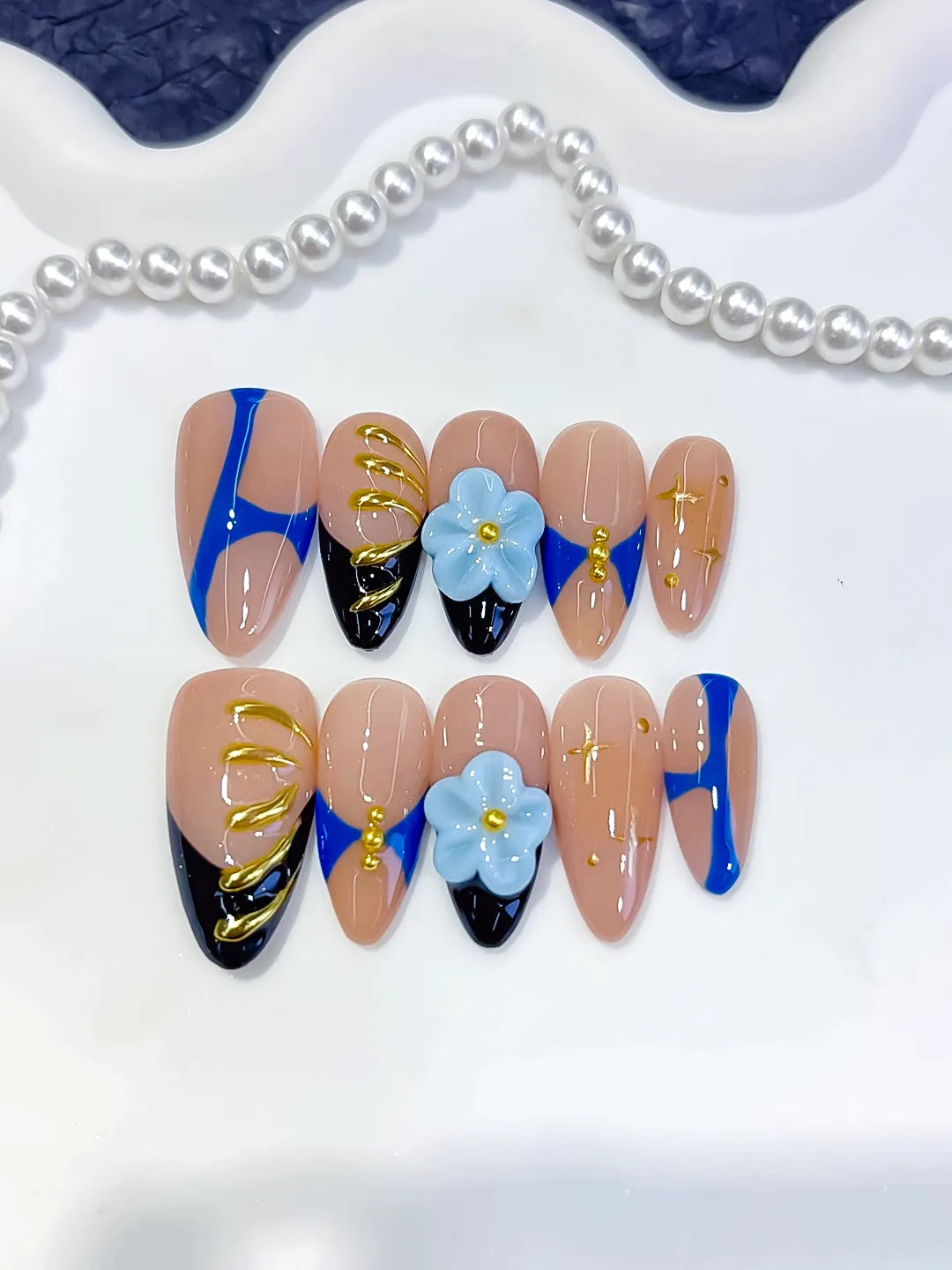 Medium Nude Blue Almond Abstract Flower Metallic Charm
