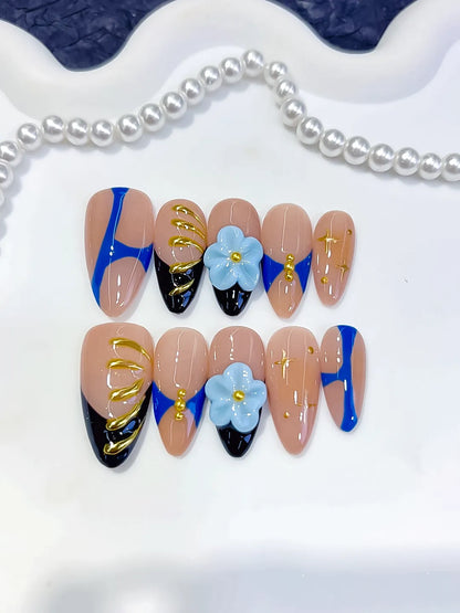 Medium Nude Blue Almond Abstract Flower Metallic Charm