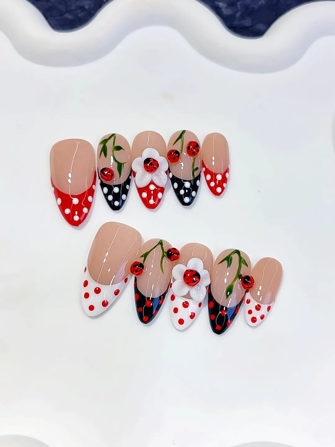 Medium Nude Red Almond French tip Cherry Dot Pattern