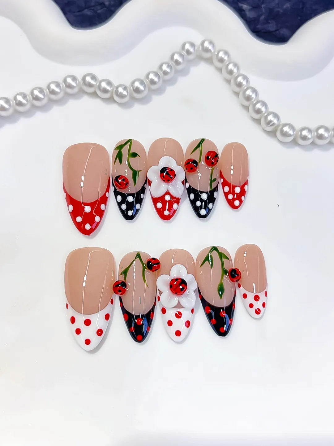 Medium Nude Red Almond French tip Cherry Dot Pattern