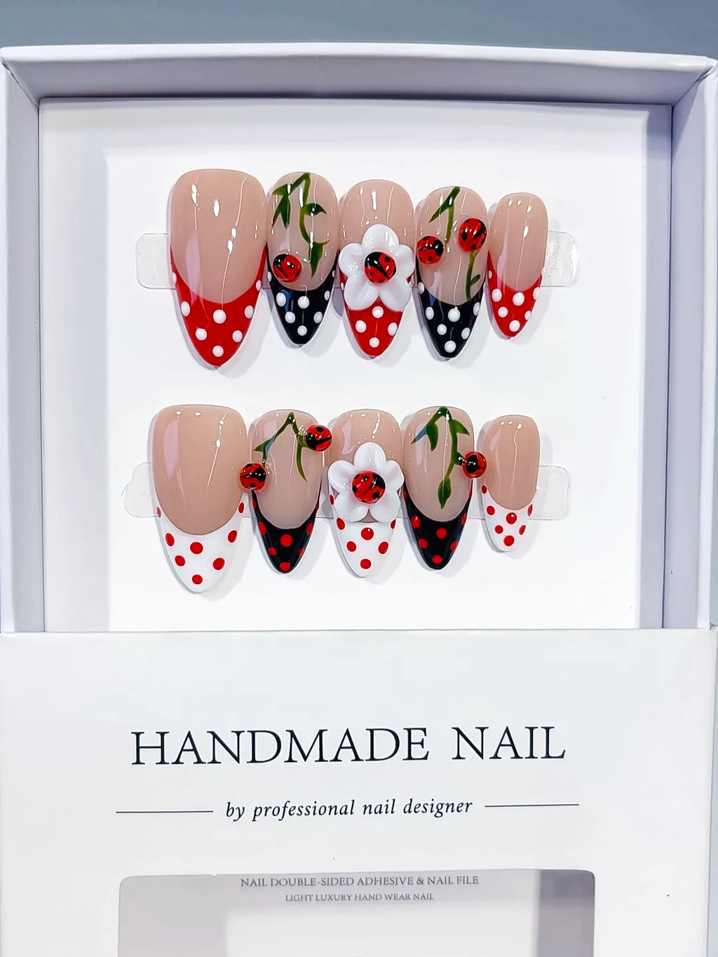 Medium Nude Red Almond French tip Cherry Dot Pattern