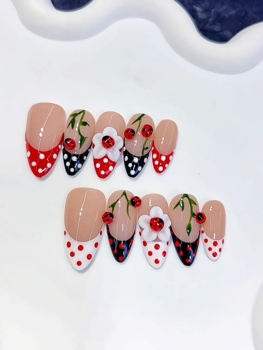 Medium Nude Red Almond French tip Cherry Dot Pattern