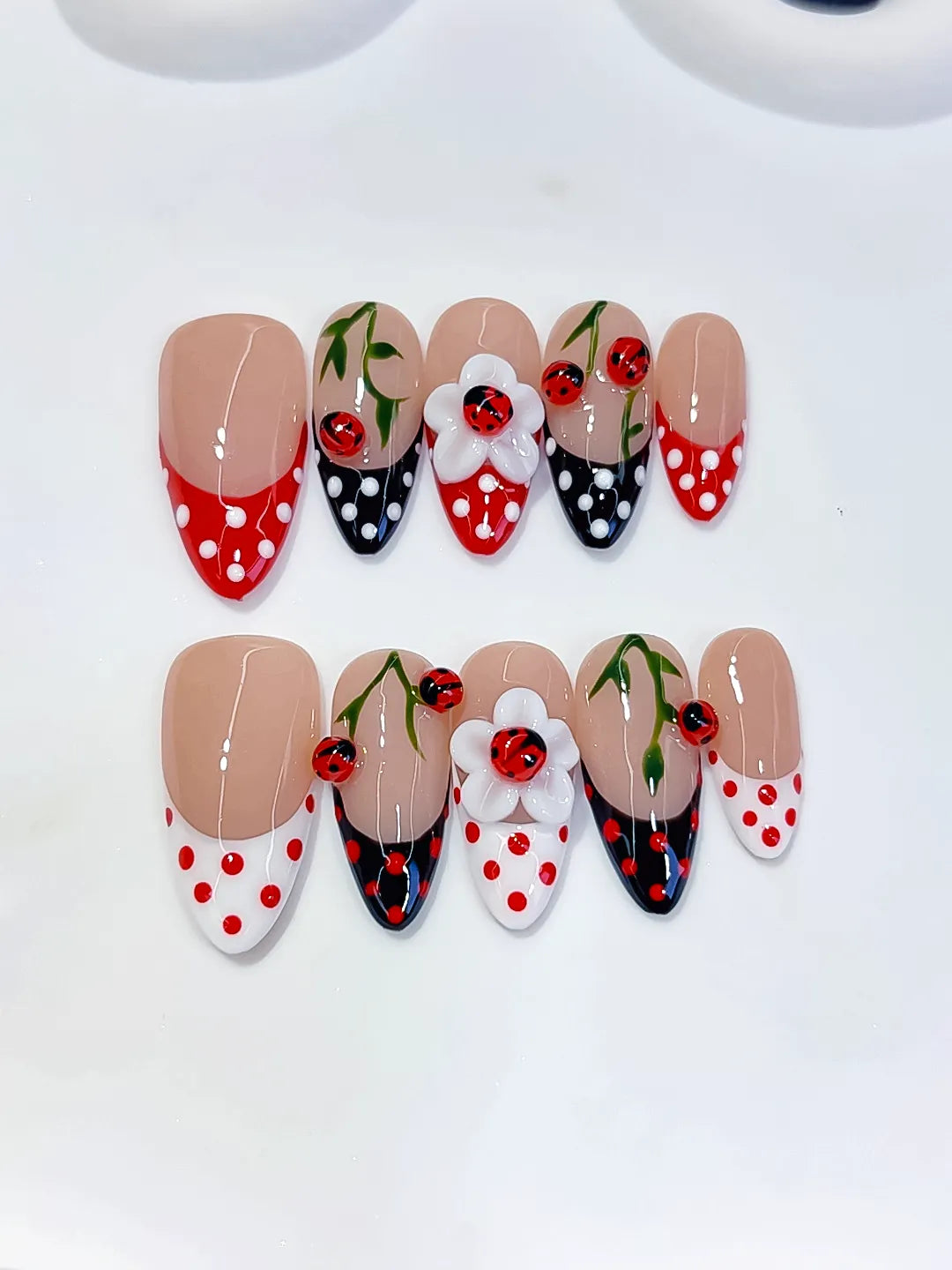 Medium Nude Red Almond French tip Cherry Dot Pattern