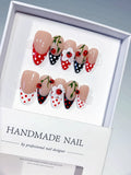 Medium Nude Red Almond French tip Cherry Dot Pattern
