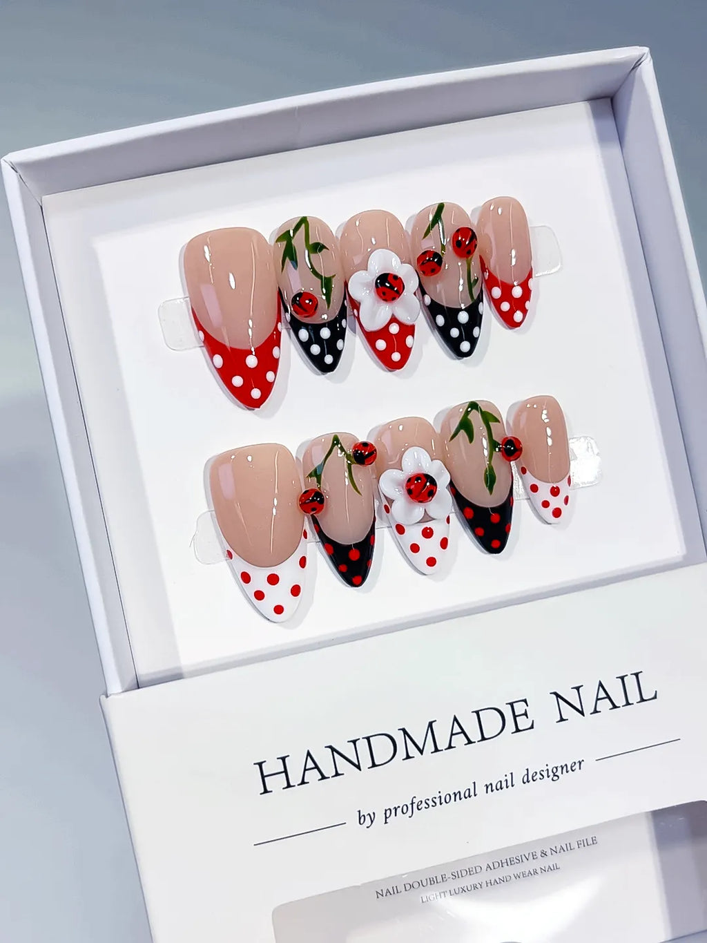 Medium Nude Red Almond French tip Cherry Dot Pattern