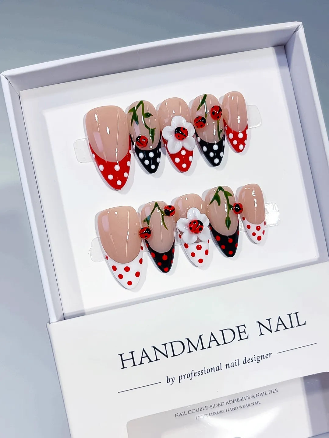 Medium Nude Red Almond French tip Cherry Dot Pattern