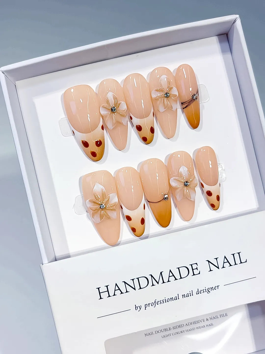 Long Nude Brown Oval French tip Flower Dot Pattern