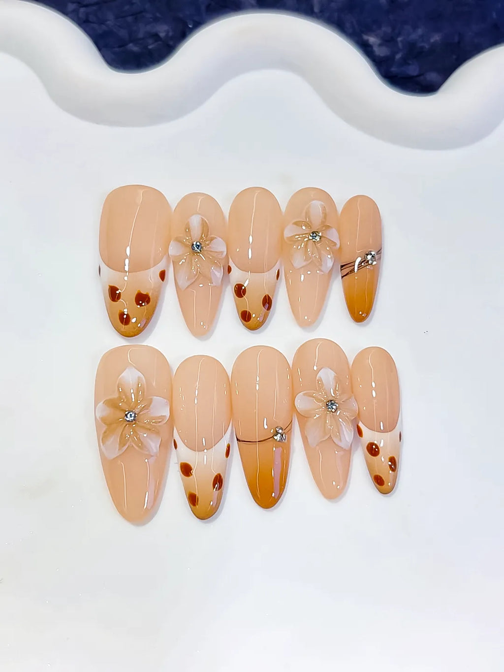 Long Nude Brown Oval French tip Flower Dot Pattern