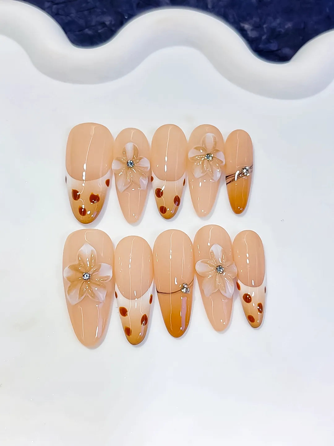 Long Nude Brown Oval French tip Flower Dot Pattern