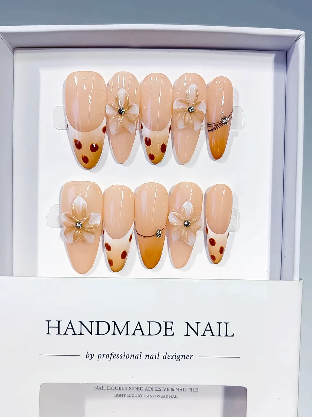 Long Nude Brown Oval French tip Flower Dot Pattern