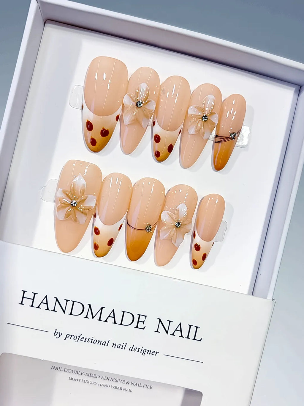 Long Nude Brown Oval French tip Flower Dot Pattern