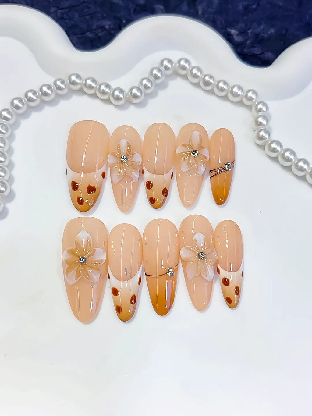 Long Nude Brown Oval French tip Flower Dot Pattern