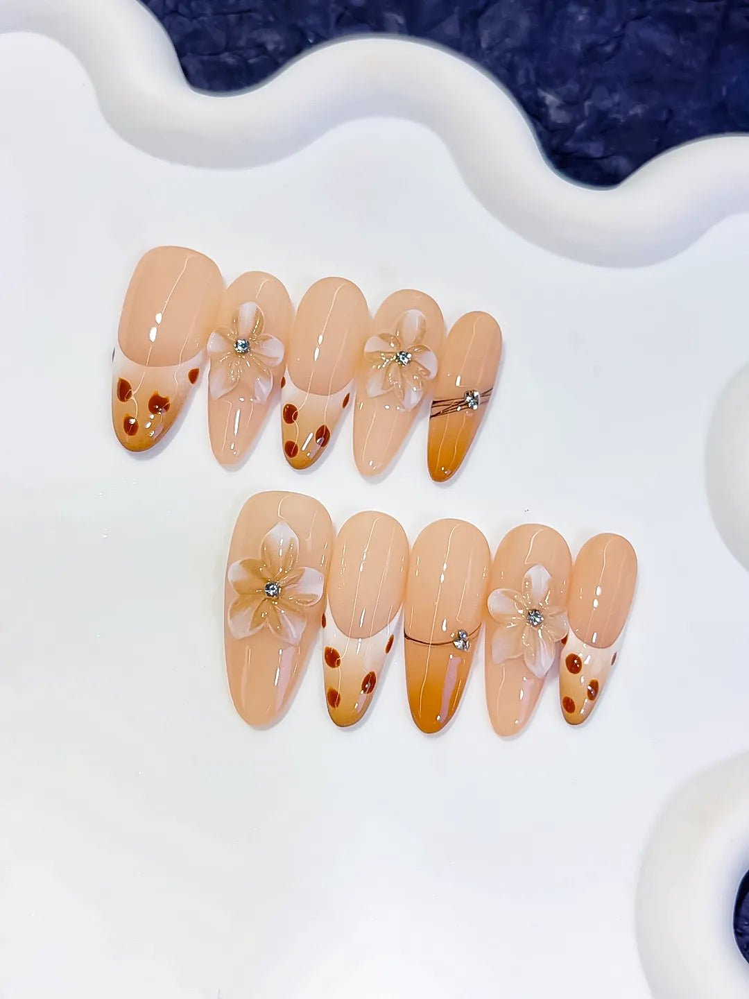 Long Nude Brown Oval French tip Flower Dot Pattern