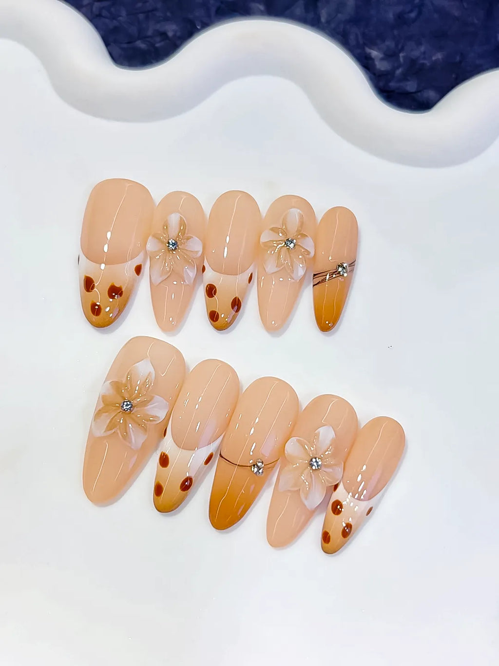 Long Nude Brown Oval French tip Flower Dot Pattern