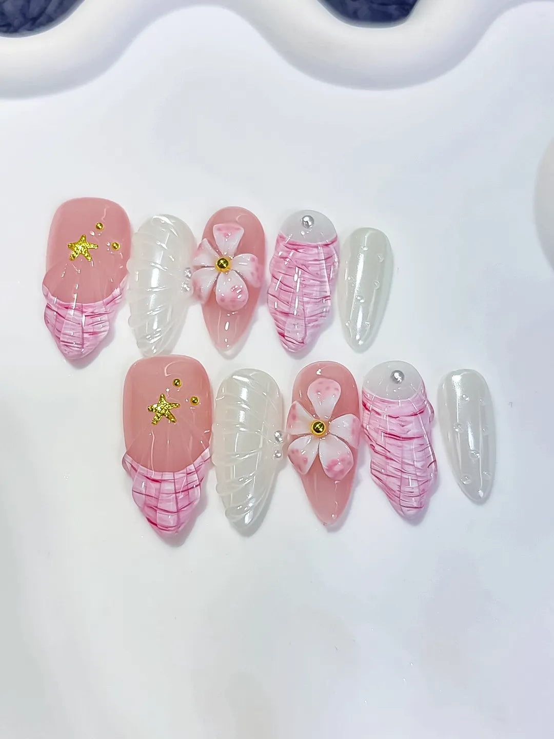 Medium Pink White Almond French tip Flower Shell
